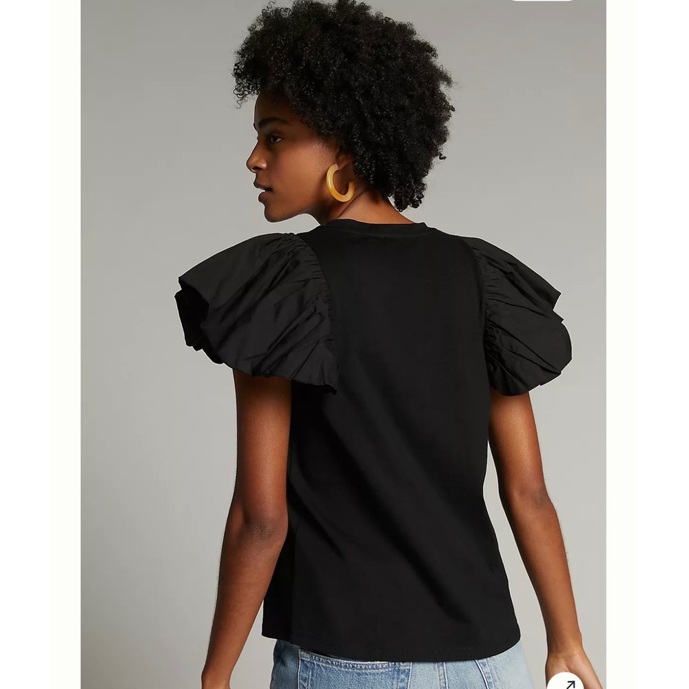 Maeve by Anthropologie Womens Black Flutter Poplin Sleeve Knit Top Medium M